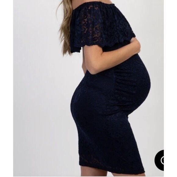 Pinkblush Maternity Blue Lace Off The Shoulder Dress‎ Medium - Picture 1 of 9